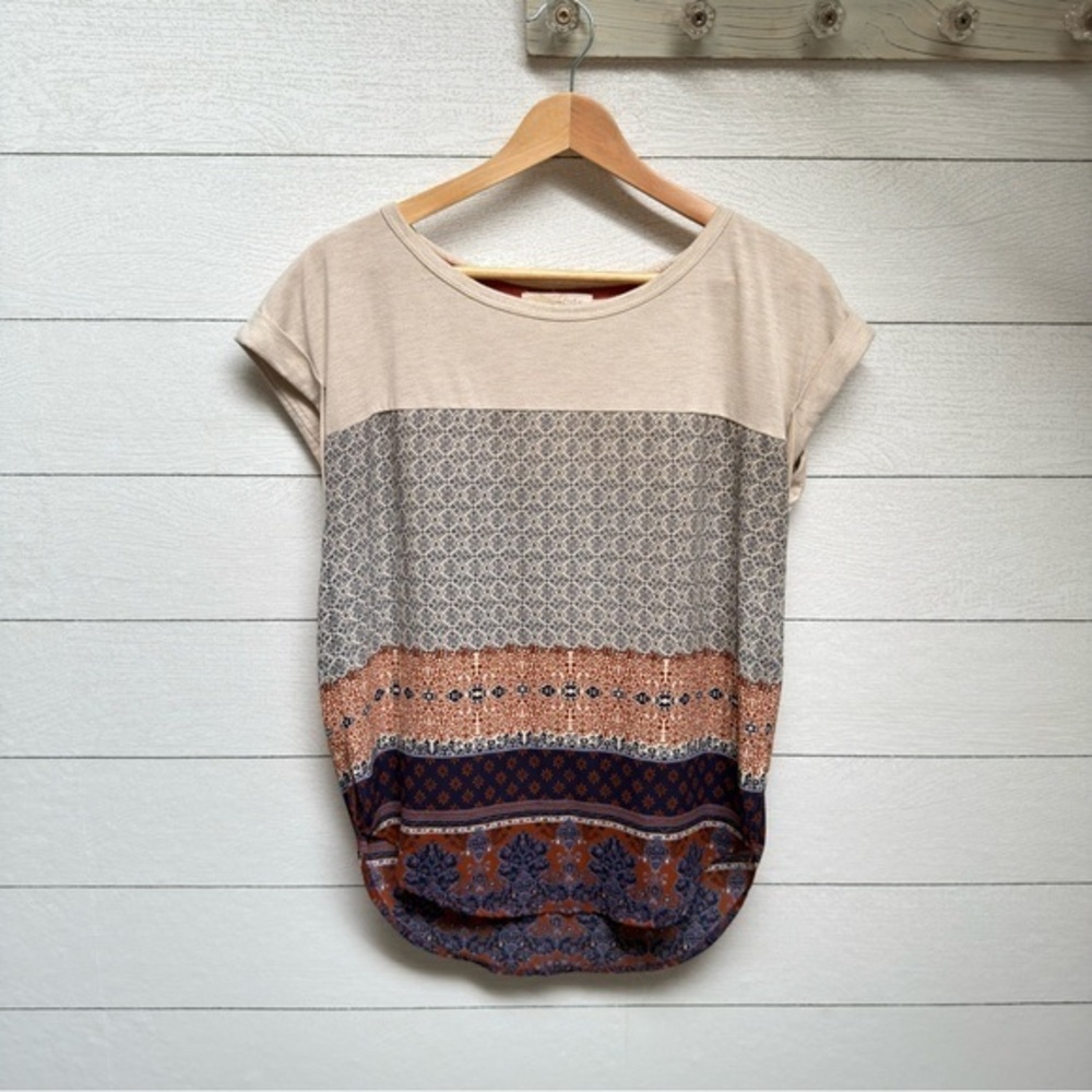 Rewind Colorblock Boho Patchwork Mixed Print Top Cream Rust Navy Size S